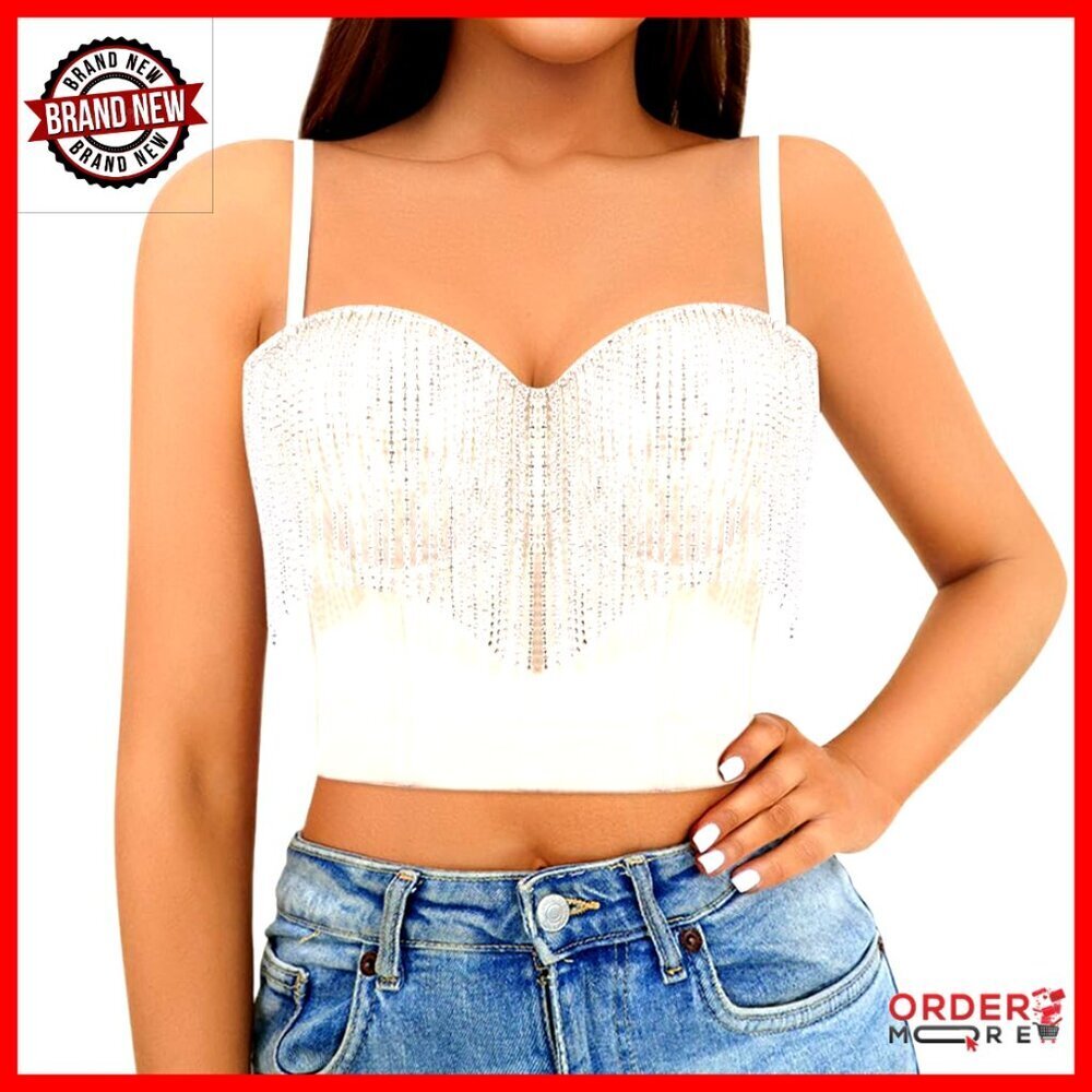 Rhinestone Feather Bustier Corset Top Push Up Y2K Clubwear Party Sexy